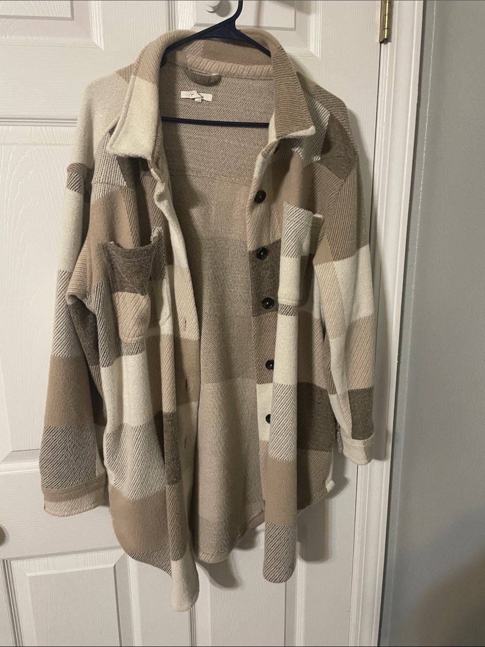 Maurices Beige and Cream Plaid Button-Up Shacket